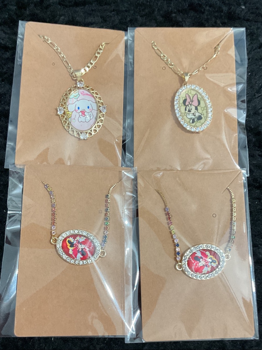 Gold Oval Cartoon Pendant Necklace & adjustable bracelet gold filled bundle 4pc